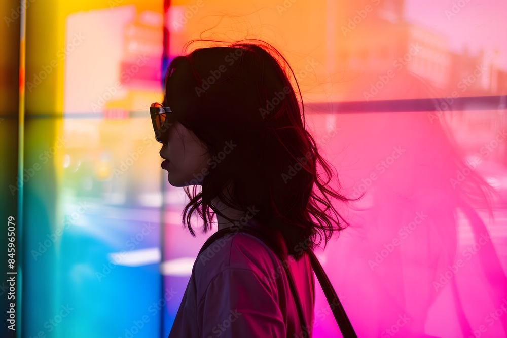 A stylish portrait of a woman wearing sunglasses, bathed in colorful light from a vibrant urban background. The dynamic colors and her poised expression create a fashionable and modern scene A stylish portrait of a woman wearing sunglasses, bathed in colorful light from a vibrant urban background. The dynamic colors and her poised expression create a fashionable and modern scene