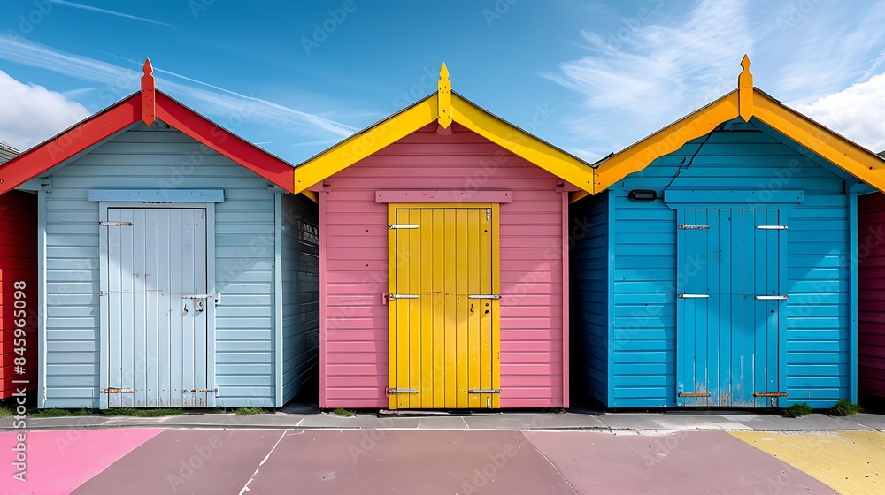 Colored beach huts full view
