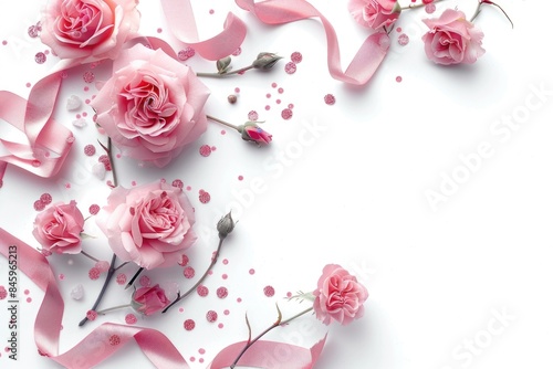 Fototapeta Naklejka Na Ścianę i Meble -  Pink rose flowers  ribbons  glitter confetti in corner arrangement.