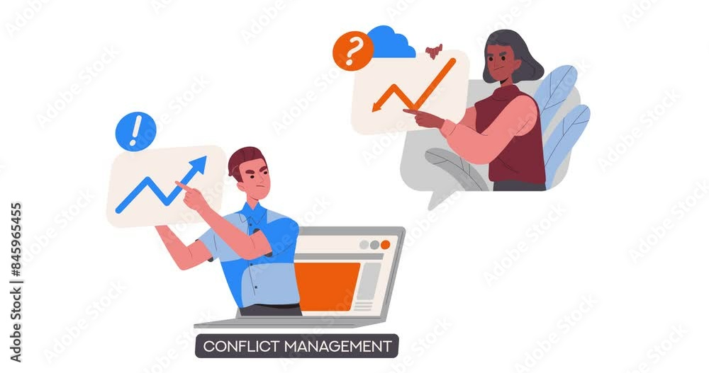 Team management. Moving banner with office employees discuss business project and manage conflict in online meeting or video conference. Problem solving. Cartoon style graphic animated video clip Team management. Moving banner with office employees discuss business project and manage conflict in online meeting or video conference. Problem solving. Cartoon style graphic animated video clip