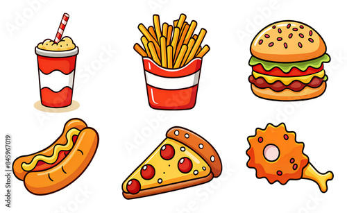 fast food cartoon icons Pizza, burger, chicken leg, hotdog, french fries, soda cup.