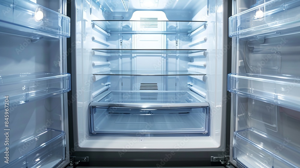 An open refrigerator reveals an empty interior, providing a close-up view of the pristine, new appliance An open refrigerator reveals an empty interior, providing a close-up view of the pristine, new appliance
