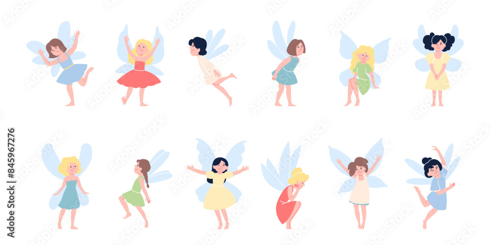 Fairy girls. Cute little girl with wings flying floating and sitting. Cute children in fairies costumes, kindergarten festival or carnival recent vector characters Fairy girls. Cute little girl with wings flying floating and sitting. Cute children in fairies costumes, kindergarten festival or carnival recent vector characters