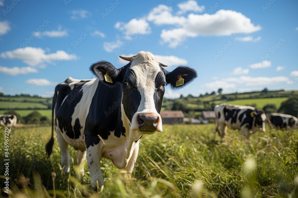 black and white cow in a pasture. countryside, a herd of cattle walking in a field. cattle, livestock. black and white cow in a pasture. countryside, a herd of cattle walking in a field. cattle, livestock.