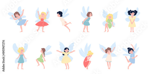 Fairy girls. Cute little girl with wings flying floating and sitting. Cute children in fairies costumes, kindergarten festival or carnival recent vector characters
