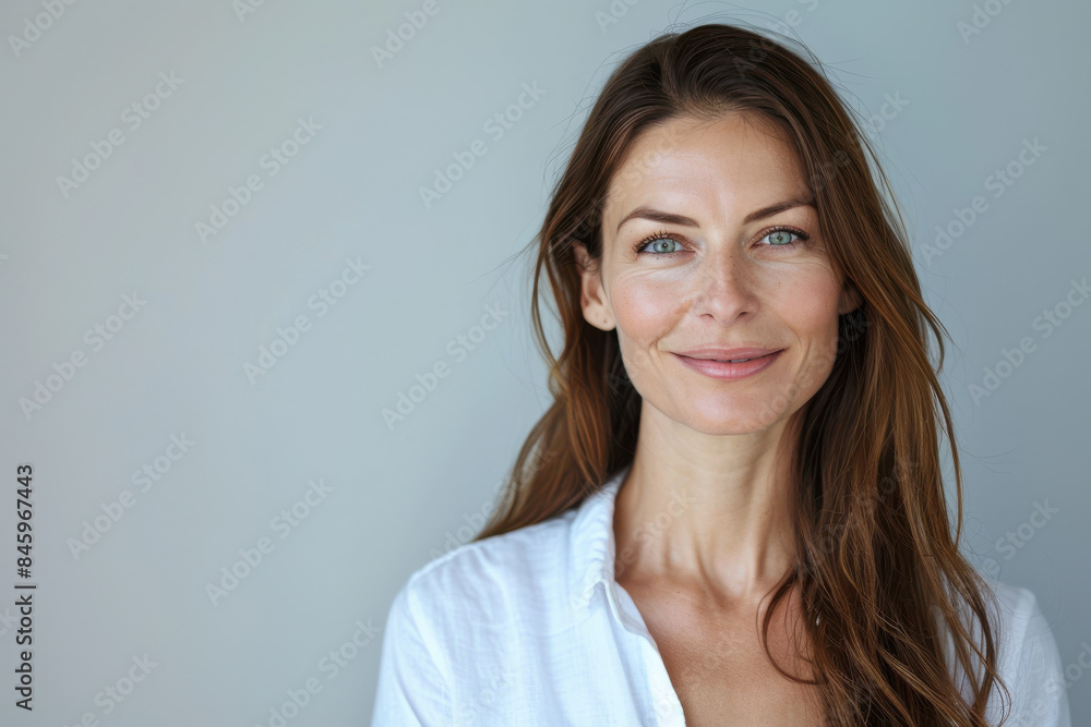 A close up portrait of a woman with a subtle smile A close up portrait of a woman with a subtle smile