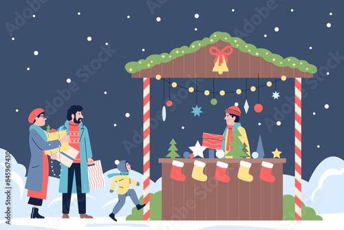 Family on christmas fair. Winter market stall with vendor and gifts. Holiday travel, parents and child on seasonal festive walk, recent vector scene