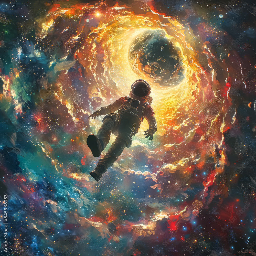 A man in a spacesuit is floating in space. The image is a work of art, with a sense of wonder and adventure. The colors are vibrant and the composition is dynamic A man in a spacesuit is floating in space. The image is a work of art, with a sense of wonder and adventure. The colors are vibrant and the composition is dynamic
