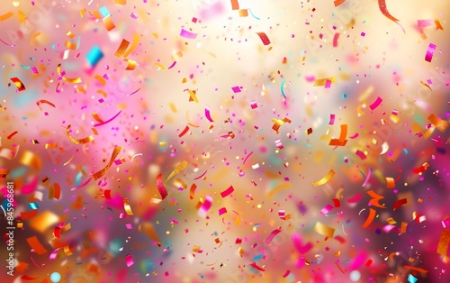 A festive, colourful confetti explosion on a dreamy golden background. Vibrant, festive celebrations with neon confetti.