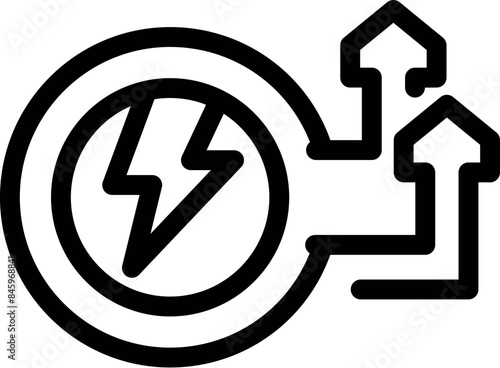 Line art icon of a lightning bolt pointing to houses with up arrows, representing increased electricity supply
