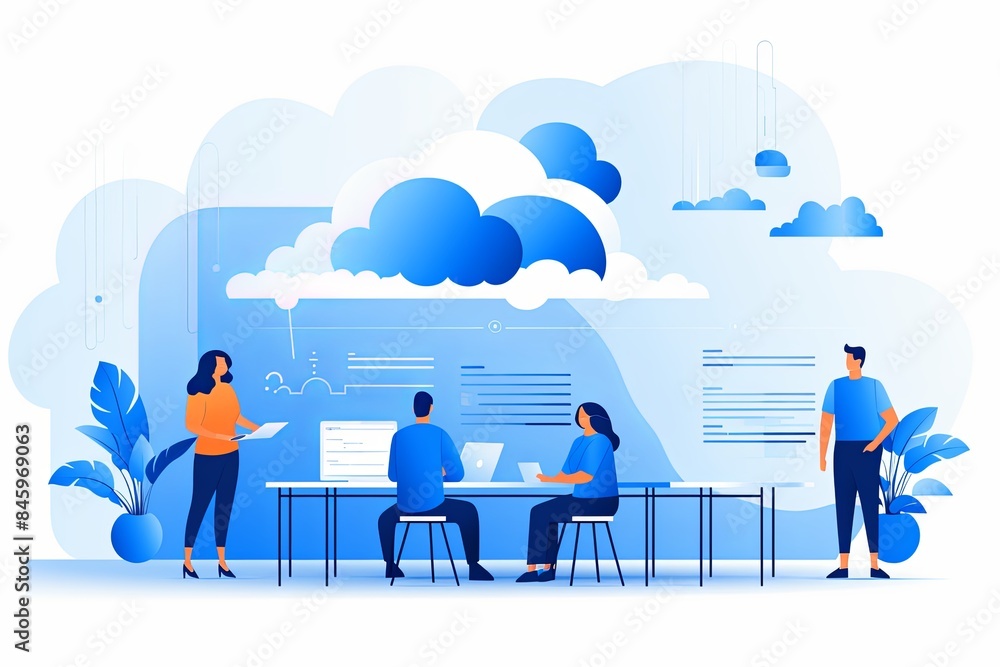 flat vector style illustration, a diverse group of people talking and collaborating flat vector style illustration, a diverse group of people talking and collaborating