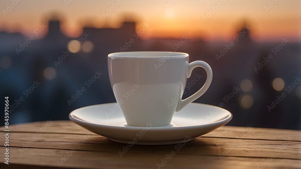Warm sunrise light bathes a white coffee cup on a wooden table with a blurred cityscape background