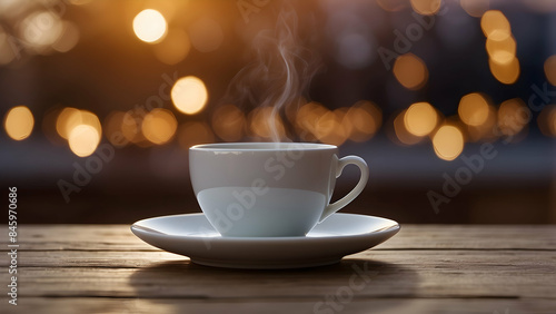 A steaming hot coffee cup is set against a backdrop of a golden sunset in the city, evoking a sense of calm