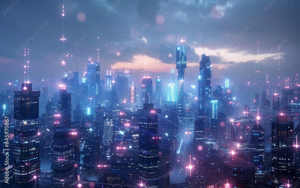 Futuristic cityscape at night with glowing connections and illuminated skyscrapers, highlighting technology and network advancements.