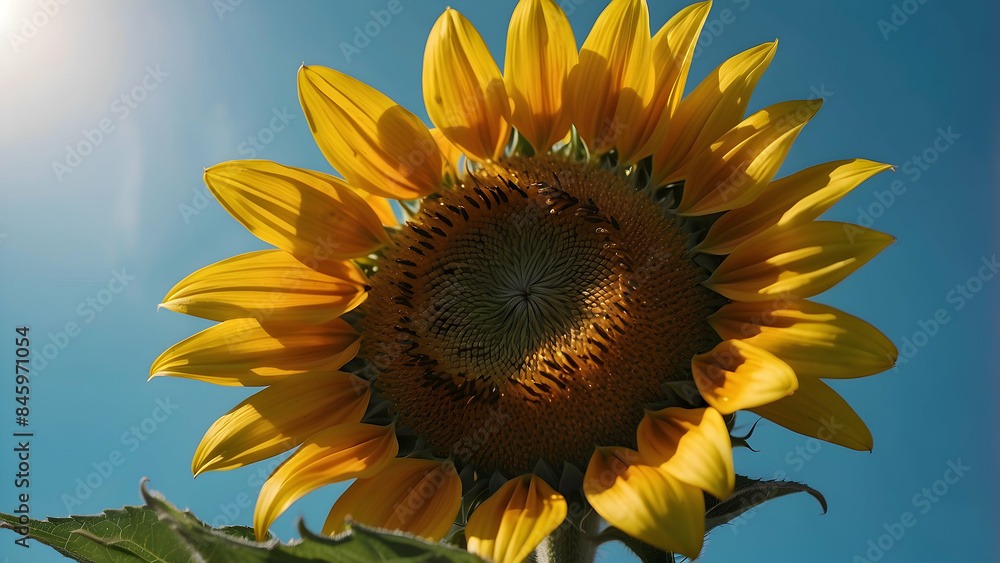 Naklejka premium A towering sunflower blooms against the backdrop of a vivid blue sky, symbolizing growth