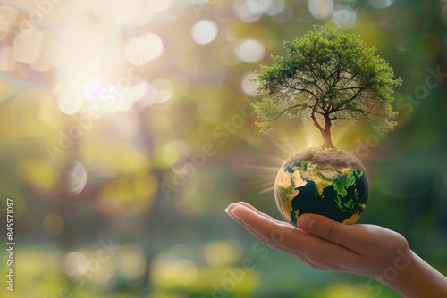 hand holding tree with half globe an d sunlight. concept eco earth day © Anjali