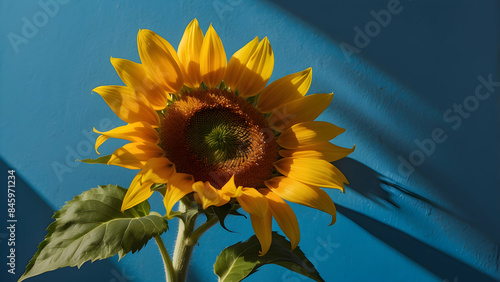 Single sunflower with bright yellow petals and a large center casting a shadow on a vivid blue wall