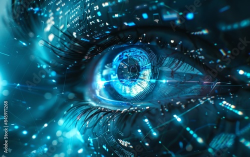 Futuristic digital eye with glowing blue cybernetic patterns. Cyber security technology background and network theme.