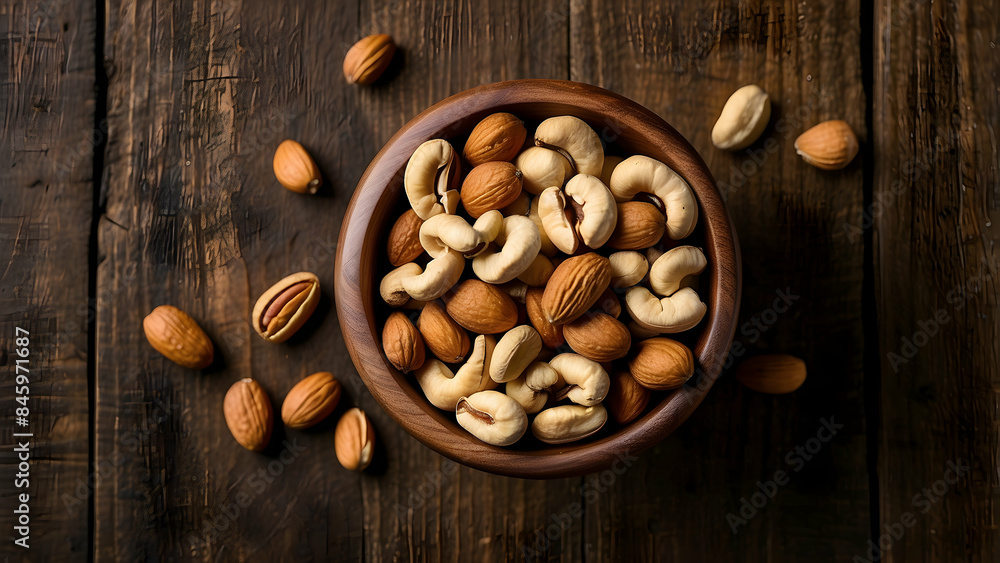 A variety of mixed nuts including almonds, cashews, and walnuts served in a rustic wood bowl on a wooden background A variety of mixed nuts including almonds, cashews, and walnuts served in a rustic wood bowl on a wooden background