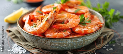 Seafood Delight: Ready-to-Eat Boiled Shrimp on the Table photo