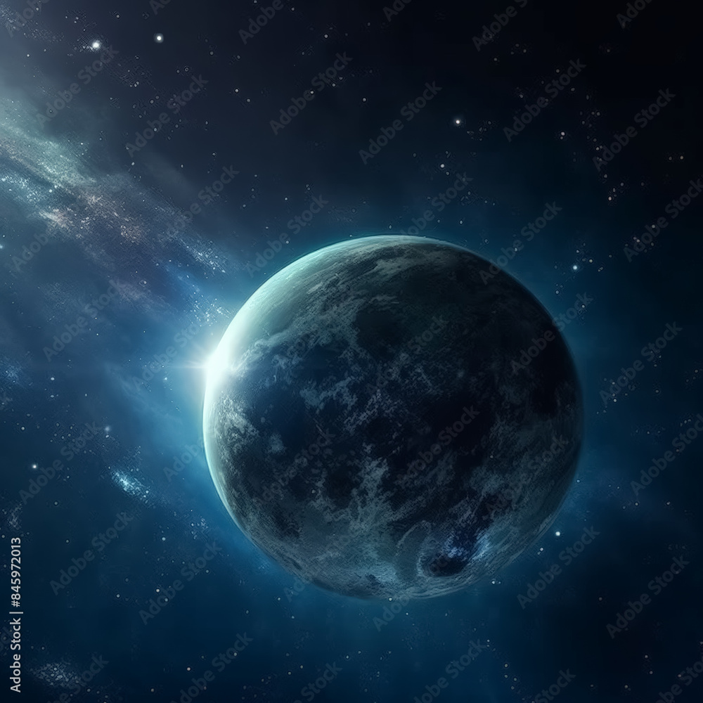 A blue planet with a star in the background. The planet is surrounded by a lot of stars A blue planet with a star in the background. The planet is surrounded by a lot of stars