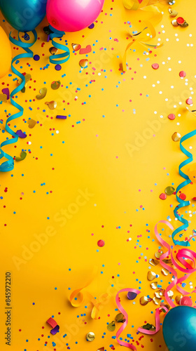 festive yellow background for a birthday in a circle decorated with confetti and balloons, in the center there is an empty space for text, a vertical card