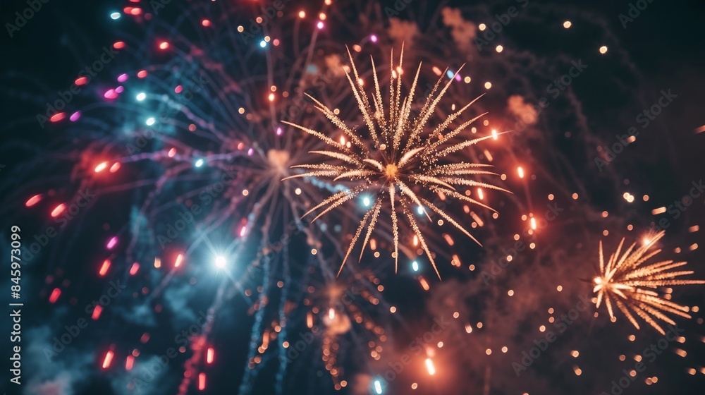Fireworks sparkle across the dark night sky, creating a mesmerizing display Fireworks sparkle across the dark night sky, creating a mesmerizing display