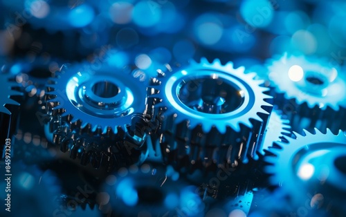 Close-up view of interlocking metal gears, bathed in blue light, showcasing technology. Industrial gears background, technology.