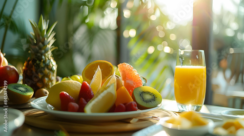 Tropical breakfast scene with a plate full of fresh fruits like kiwi, lemon, and grapefruit, alongside a glass of orange juice in sunlight.
