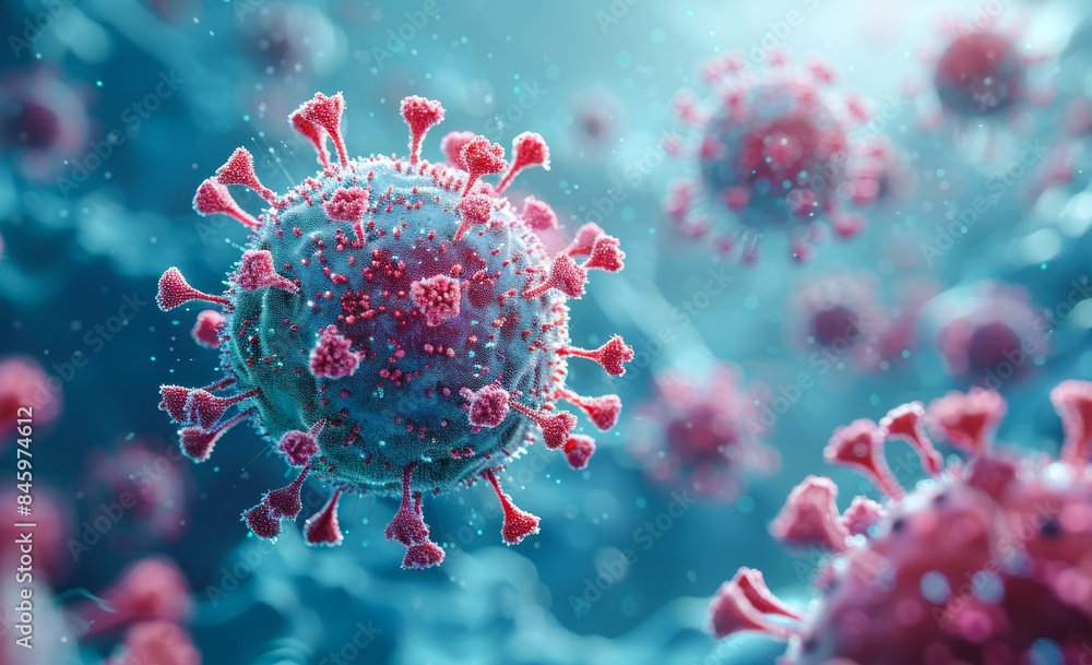 A close up of a virus with pink and blue colors A close up of a virus with pink and blue colors