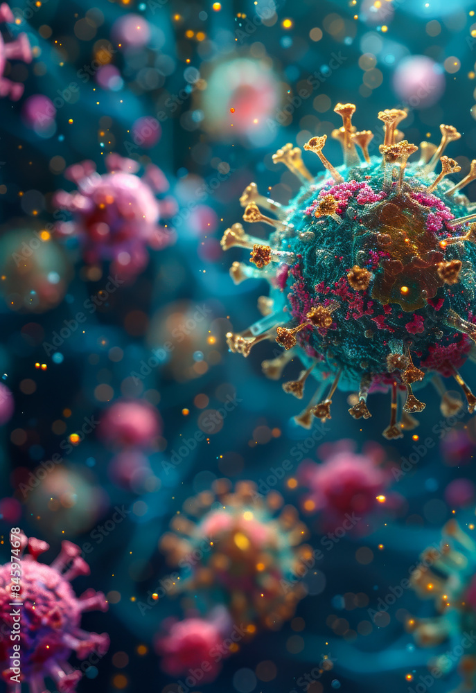 A colorful virus is shown in a blue background A colorful virus is shown in a blue background