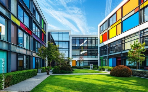 Modern office buildings with colorful windows and lush green lawns. Ideal office park setting with vibrant greenery.