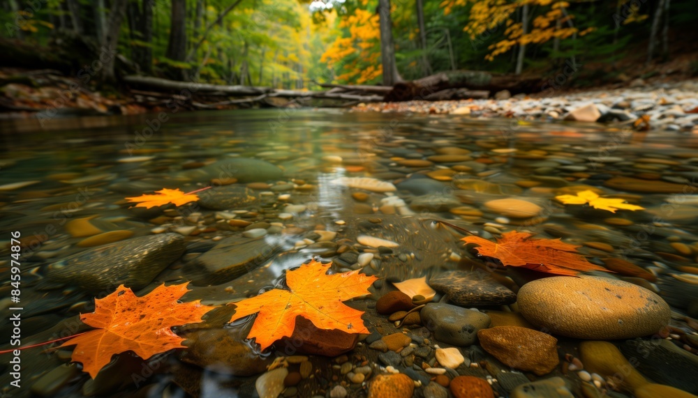 Maple leaves float in a clear stream in the forest Maple leaves float in a clear stream in the forest