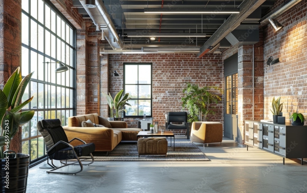 Modern office interior with exposed brick walls and large windows ...