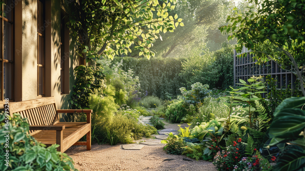 Home garden and wooden bench, green plants at small house backyard, landscaping back yard in summer. Concept of landscape design, nature, lifestyle Home garden and wooden bench, green plants at small house backyard, landscaping back yard in summer. Concept of landscape design, nature, lifestyle