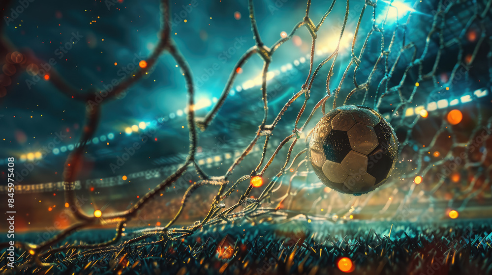 The ball hits goal net during soccer game, scene with field at football stadium at night. Concept of background, sport