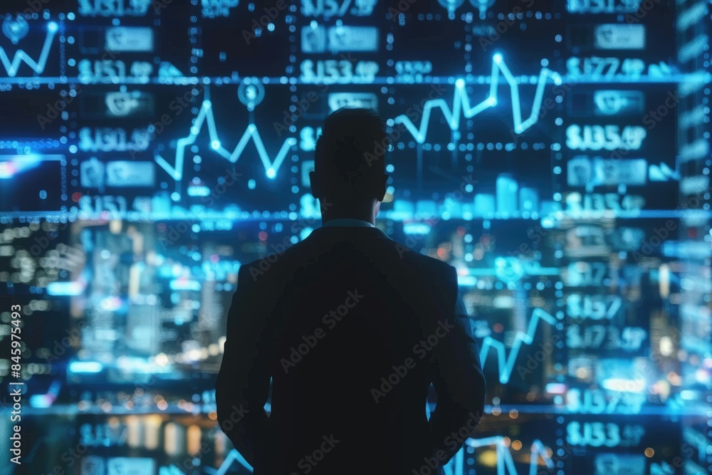 Businessman presents financial analysis with big data charts. Businessman presents financial analysis with big data charts.
