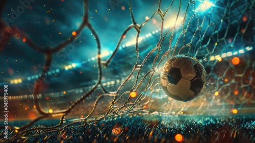 Obraz na płótnie The ball hits goal net during soccer game, scene with field at football stadium at night. Concept of background, sport w salonie
