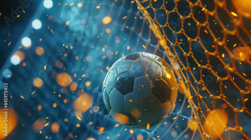 The ball hits goal net during soccer game at night, scene at football stadium on world cup. Concept of background, sport