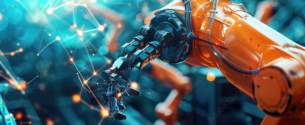 Mechanical robot arm on assembly line in factory, orange AI machine on abstract digital background. Concept of industry, technology, future, manufacturing Mechanical robot arm on assembly line in factory, orange AI machine on abstract digital background. Concept of industry, technology, future, manufacturing
