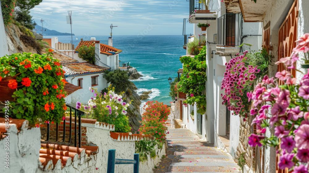 Fototapeta premium Path with stairs and flowers in old seaside city in Spain, beautiful view of sea, sky and vintage houses. Concept of Spanish vacation, resort, summer and travel.