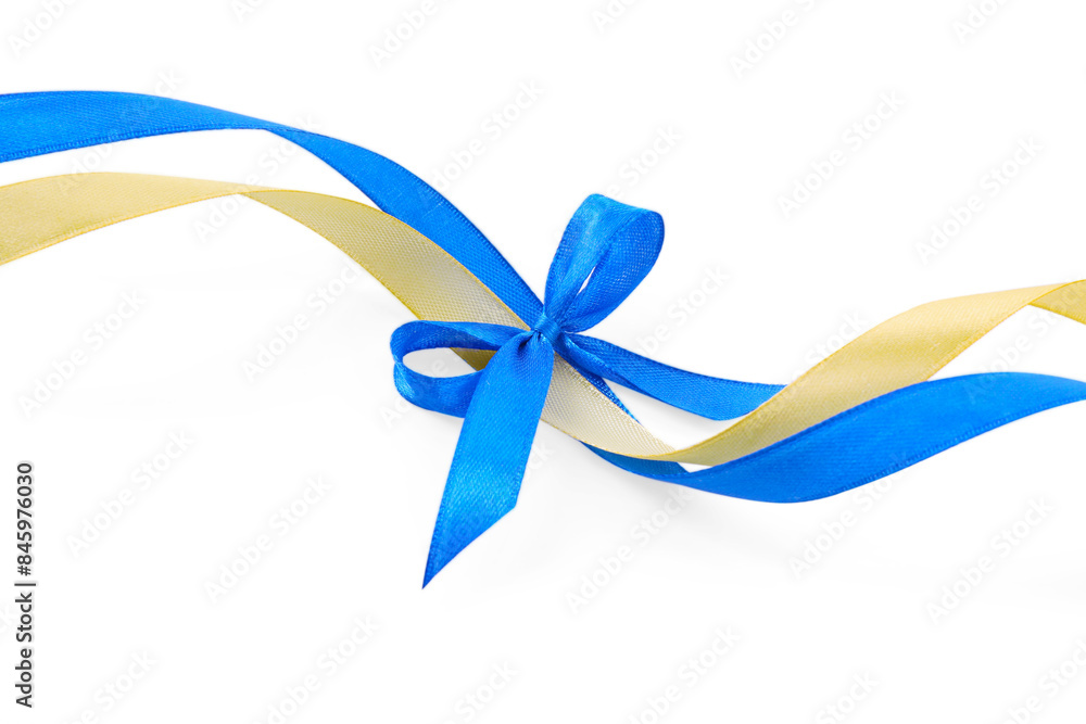 Golden and blue satin ribbons with bow isolated on white Golden and blue satin ribbons with bow isolated on white