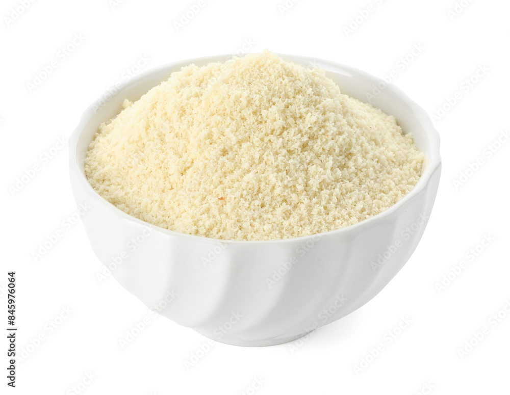 Fresh almond flour in bowl isolated on white Fresh almond flour in bowl isolated on white