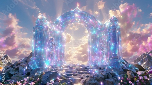 Fantasy landscape with crystal shining portal, rainbow colors