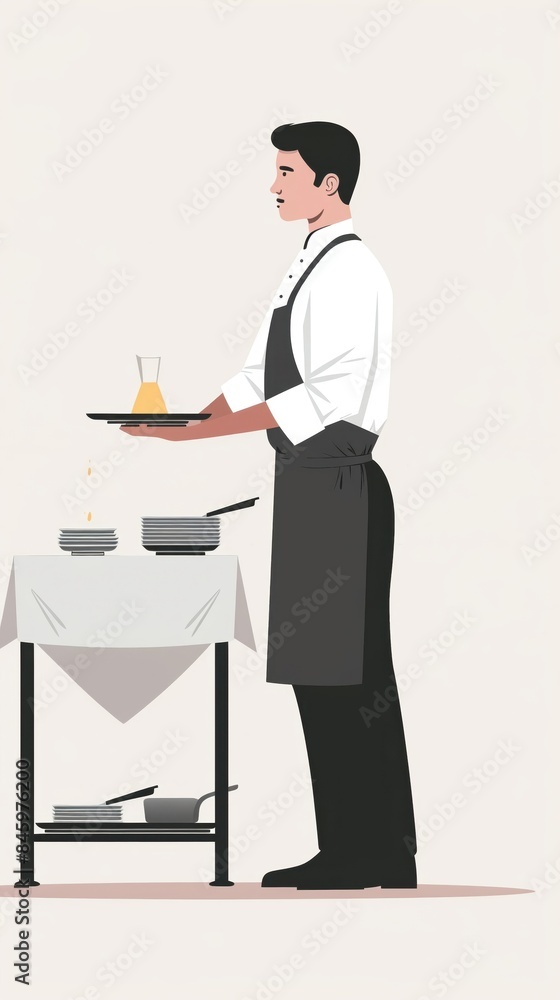 Waiter serving table flat design side view restaurant service watercolor Monochromatic Color Scheme Waiter serving table flat design side view restaurant service watercolor Monochromatic Color Scheme