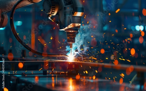 Robotic arm welding brightly in an industrial setting, showcasing vibrant sparks flying. Robotic, arm precision!