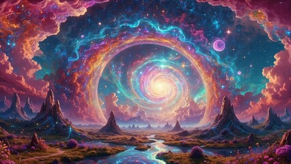 Leinwandbilder Purpur Fantasy landscape with psychedelic bright colorful sky and galaxies moving in spiral above beautiful nature with mountains and river, horizontal background  © Maria