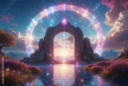 Amazing fantasy landscape with colorful shining portal with sacred symbols, surrounded by mounatins and river