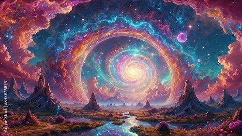 Fantasy landscape with psychedelic bright colorful sky and galaxies moving in spiral above beautiful nature with mountains and river, horizontal background