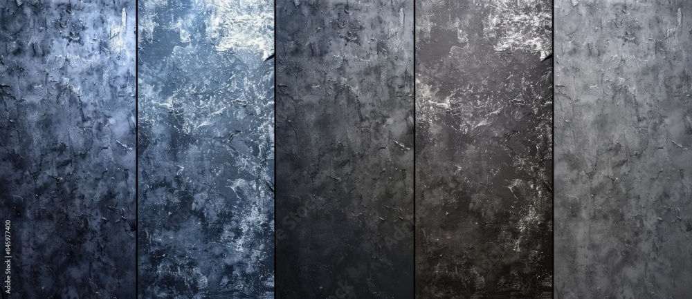 Five different shades of grey paint are covering a rough concrete wall, creating an abstract background with a rugged and industrial feel Five different shades of grey paint are covering a rough concrete wall, creating an abstract background with a rugged and industrial feel